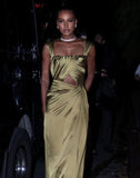 Niulatu A line Square Neckline Green Satin Long Prom Dress Evening Dress Formal Dress SD2170