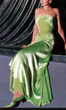 Niulatu A line Strapless Satin Long Mint Green Prom Dresses Evening Dress With Fold HZ1110