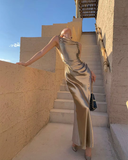 Niulatu Mermaid Straps Neckline Champagne Satin Long Prom Dress Evening Dress Formal Dress SD2175