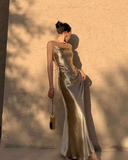 Niulatu Mermaid Straps Neckline Champagne Satin Long Prom Dress Evening Dress Formal Dress SD2175