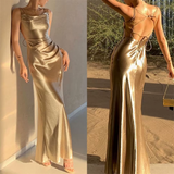 Niulatu Mermaid Straps Neckline Champagne Satin Long Prom Dress Evening Dress Formal Dress SD2175