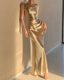 Niulatu Mermaid Straps Neckline Champagne Satin Long Prom Dress Evening Dress Formal Dress SD2175