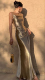 Niulatu Mermaid Straps Neckline Champagne Satin Long Prom Dress Evening Dress Formal Dress SD2175