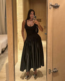 Niulatu A line Straps Ankle Length Black Prom Dress Evening Dress Formal Dress SD2185