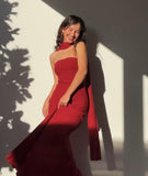 Niulatu Mermaid Spaghetti Straps Floor Length Red Prom Dress Evening Dress Formal Dress With Ribbon SD2194