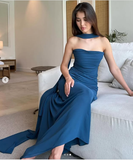 Niulatu Mermaid Spaghetti Straps Floor Length Navy Blue Prom Dress Evening Dress Formal Dress With Ribbon SD2196