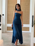 Niulatu Mermaid Spaghetti Straps Floor Length Navy Blue Prom Dress Evening Dress Formal Dress With Ribbon SD2196