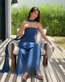 Niulatu Mermaid Spaghetti Straps Floor Length Navy Blue Prom Dress Evening Dress Formal Dress With Ribbon SD2196
