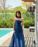 Niulatu Mermaid Spaghetti Straps Floor Length Navy Blue Prom Dress Evening Dress Formal Dress With Ribbon SD2196