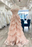 Niulatu A-Line Off The Shoulder Pink Lace Slit Long Prom Dresses Formal Evening Dress SD1398