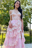 Niulatu A-Line Straps Blush Pink Lace Long Prom Dresses Formal Evening Dress SD2203