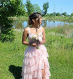 Niulatu A-Line Straps Blush Pink Lace Long Prom Dresses Formal Evening Dress SD2203