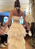 Niulatu A-Line Strapless Chiffon Long Prom Dresses Formal Evening Dress SD2205