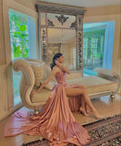 Niulatu A line Strapless Pink Satin Long Prom Dresses Formal Evening Dress SD2208