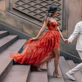 Niulatu High Low Sweetheart Tulle Rust Red Long Prom Dresses Formal Evening Dress SD2209