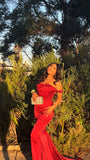 Niulatu Mermaid Off The Shoulder Satin Red Prom Dresses Long Party Dress SD2219