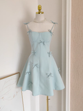 Niulatu Ball Gown Straps Satin Blue Short Birthday Outfits 16th Birthday Dresses SD221