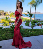 Niulatu Mermaid Off The Shoulder Satin Burgundy Prom Dresses Long Party Dress SD2220