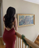 Niulatu Mermaid Spaghetti Straps Satin Burgundy Prom Dresses Long Party Dress SD2223