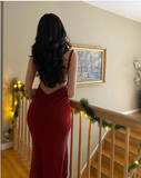 Niulatu Mermaid Spaghetti Straps Satin Burgundy Prom Dresses Long Party Dress SD2223