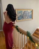 Niulatu Mermaid Spaghetti Straps Satin Burgundy Prom Dresses Long Party Dress SD2223