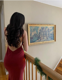 Niulatu Mermaid Spaghetti Straps Satin Burgundy Prom Dresses Long Party Dress SD2223
