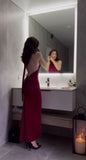 Niulatu Mermaid Halter Satin Burgundy Prom Dresses Long Party Dress SD2224