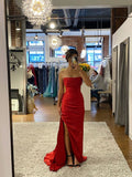 Niulatu Mermaid Strapless Satin Red Prom Dresses Long Party Dress SD2231