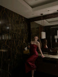 Niulatu Mermaid Strapless Satin Burgundy Prom Dresses Long Party Dress SD2232