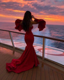 Niulatu Mermaid Strapless Satin Burgundy Prom Dresses Long Party Dress SD2235