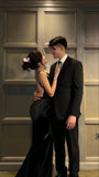 Niulatu Mermaid Spaghetti Straps Black Satin Prom Dresses Long Party Dress SD2241