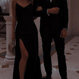 Niulatu Mermaid Spaghetti Straps Black Backless Satin Prom Dresses Long Party Dress SD2242