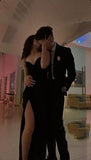 Niulatu Mermaid Spaghetti Straps Black Slit Prom Dresses Long Party Dress SD2244