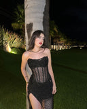 Niulatu Mermaid Sweetheart Sequin Black Slit Prom Dresses Long Party Dress SD2247