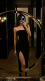 Niulatu Sheath Strapless Black Long Prom Dresses Slit Party Dress SD2253