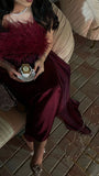 Niulatu Sheath Strapless Burgundy Long Prom Dresses With Feathers Party Dress SD2260