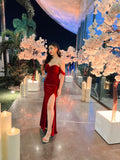 Niulatu Mermaid Off The Shoulder Short Sleeves Burgundy Long Prom Dresses Slit Party Dress SD2263