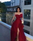 Niulatu A Line Strapless Wine Red Slit Prom Dresses Long Party Dress SD2267