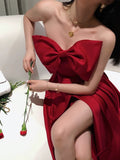 Niulatu A Line Strapless Wine Red Slit Prom Dresses Long Party Dress SD2267