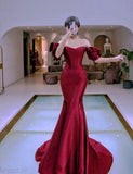 Niulatu Mermaid Off The Shoulder Short Sleeves Red Long Prom Dresses Party Dress SD2268