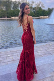 Niulatu Mermaid Spaghetti Straps Burgundy Backless Prom Dresses Long Party Dress SD2270