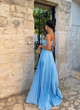 Niulatu A Line Spaghetti Straps Blue Backless Prom Dresses Long Party Dress SD2272