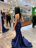 Niulatu Mermaid Navy Blue Satin Long Backless Prom Dresses Long Party Dress SD2275