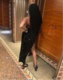 Niulatu Mermaid Spaghetti Straps Sequin Slit Black Long Prom Dresses Party Dress SD2282