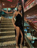 Niulatu Mermaid Spaghetti Straps Sequin Slit Black Long Prom Dresses Party Dress SD2282
