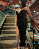 Niulatu Mermaid Spaghetti Straps Sequin Slit Black Long Prom Dresses Party Dress SD2282