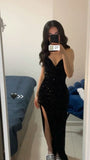 Niulatu Mermaid Spaghetti Straps Sequin Slit Black Long Prom Dresses Party Dress SD2282