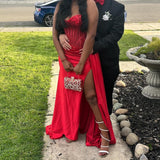 Niulatu Mermaid Spaghetti Straps Slit Red Satin Prom Dresses Long Party Dress SD2283