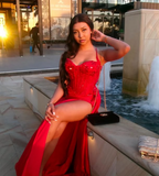 Niulatu Mermaid Spaghetti Straps Slit Red Satin Prom Dresses Long Party Dress SD2283