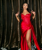 Niulatu Mermaid Spaghetti Straps Slit Red Satin Prom Dresses Long Party Dress SD2283